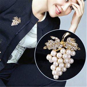 Gold Creme Pearls and Crystal Grape Brooch